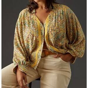 Anthropologie Pilcro Sz 1X Pintuck Peasant Blouse Yellow Floral Crochet Cottage